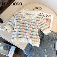 PEAR DODO เสื้อถักแขนสั้นสำหรับผู้หญิงลายทางแบบเกาหลีเสื้อกั๊กสั้นสำหรับผู้หญิง