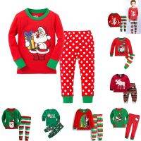 [WDC]❖ 2pcs/set Kids Pyjama Boys Girls Children Christmas Xmas Santa Kitty Sleepwear Pajama T-shirt Tops Pants