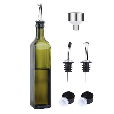 Glass Olive Oil Bottle-500 Ml Green Oil and Vinegar Bottle with Pourer and Funnel-Olive Oil Carafe
