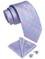 ▥ Fashion Blue Pink Check Plaid Ties for Men 8cm Wedding Party Accessories Necktie Set Handkerchief Cufflinks Gift Wholesale