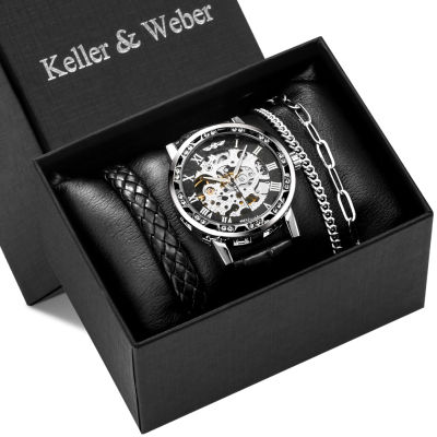 Keller &amp; Wener Brand Leather Mechanical Watch Bracelets Gift Set Mens Watches Mens Stylish Wristwatch