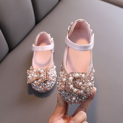 2023 New Childrens Shoes Pearl Rhinestones Shining Kids Princess Shoes Baby Girls Shoes Party And Wedding