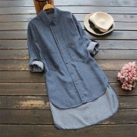 Blouse Womens Denim Long Sleeve Jeans Button Down Pocket Ladies