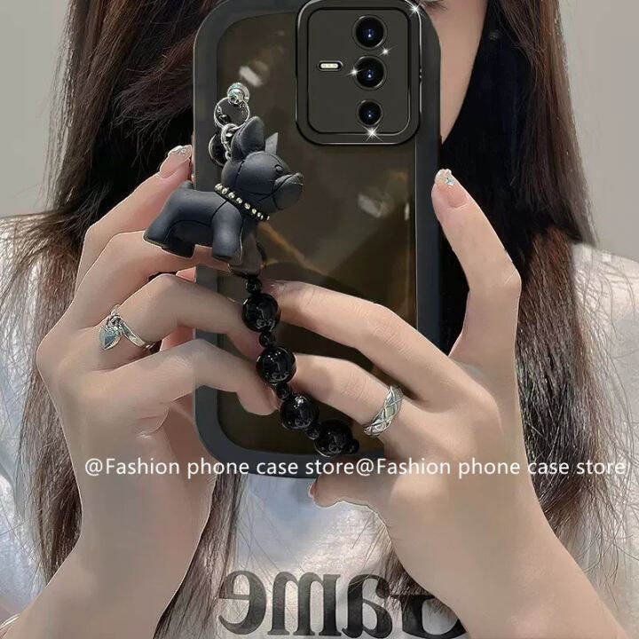 phone-case-เคส-vivo-v25e-v25-pro-y35-v23-v23e-4g-5g-2022แฟชั่นร้อนขายราคาไม่แพงสีดำบูลด็อกสร้อยข้อมือปลอกเลนส์ป้องกันสีทึบใสปกอ่อน