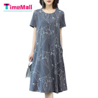 Timemall ผู้หญิงเดรสแขนสั้นเสื้อยืดคอกลม Line พิมพ์หลวมเอวฤดูร้อน Midi ชุด