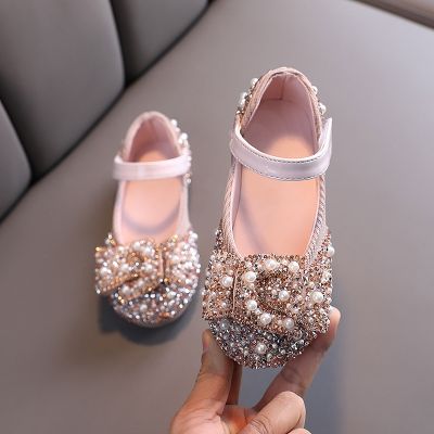〖jeansame dress〗2022ใหม่เด็กรองเท้ามุก R Hinestones ส่องแสงเด็กเจ้าหญิงรองเท้าเด็กสาวรองเท้าพรรคและงานแต่งงาน D487