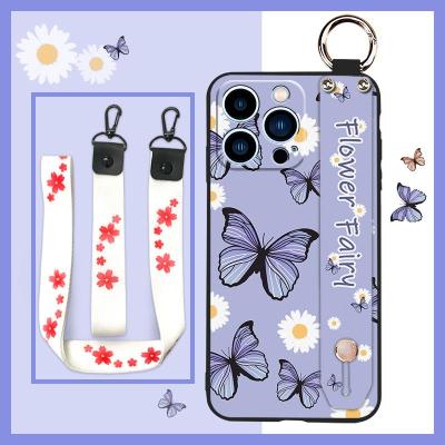 armor case Silicone Phone Case For iphone13 Pro cartoon Dirt-resistant Anti-knock painting flowers Wrist Strap cute