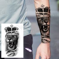 Large Crown Lion Temporary Tattoos For Men Adults Realistic Compass War Wolf Cross Forest Fake Tattoo Stickers Arm Back Tatoos Stickers