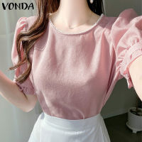 (จัดส่งฟรี)Fancystyle VONDA เสื้อผู้หญิงแขนพองเรียบง่าย,เสื้อหลวมอเนกประสงค์ผูกเชือกเสื้อเสื้อยืดคอกลม