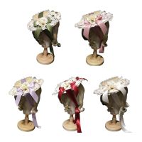 Women Girls Lolita Elegant Tea Party Flat Hat Multilayer Lace Bonnet Artificial Flower Ribbon Bow Straw Beach Sun Cap