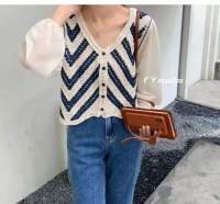 ?.? ??????? ? พร้อมส่ง? NO.158 ☆NEW ARRIVALS ☆เสื้อคอยูแขนยาวผ้าชีฟอง เย็บติดกับเสื้อกั๊กผ้าทอ ติดกระดุม น้อนน่าร้ากกก