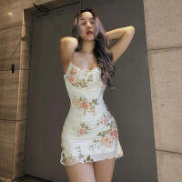 Women Sling Dress Sling Vintage Floral Ruched Mesh Package Hip Slip Dress Ladies Summer Slim PartyClubBar Short Outfits