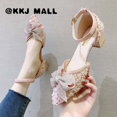 KKJ MALL Womens Single Shoes 2022 Spring New Bow Sequined Pointed Leather Shoes Korean Fashion Wild Word Buckle Thick Heel Sandals