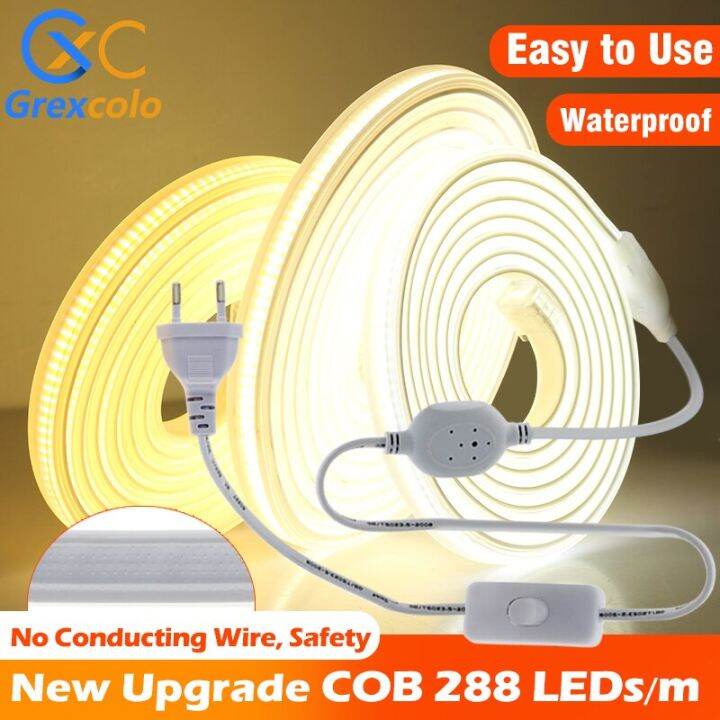 220v-led-strip-super-bright-cob-led-light-high-safety-288leds-m-flexible-cob-light-bar-outdoor-waterproof-led-strip-light-plug-power-points-switche