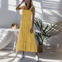 ชุดสำหรับผู้หญิง2023 Dot Polka ชุดพร้อมสายคล้องคอ Boho Square คอจีบยาวชุด Holiday Beach ชุดลำลอง Vestido