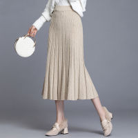 2021 Autumn Winter Knitted Skirt Women Elastic High Waist Thick Knitting Cotton A Line Long Skirt Female Ruched Folds Tide Skirt