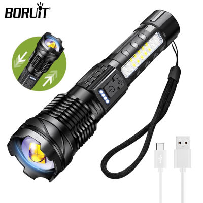 BORUiT 30W White Flashlight 1200m lighting Built in 2600 mA Battery USB-C Rechargeable Tactical Military Search Flashlight