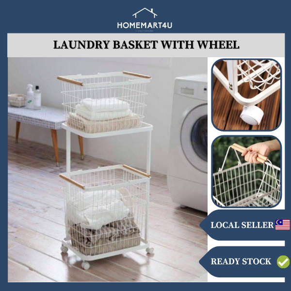 2 Tier Laundry Basket with Wheel Laundry Basket Trolley Troli Bakul