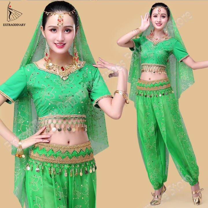 hot-dt-bollywood-costumes-set-belly-sari-dancewear-coin-top-pants-veil-headwear