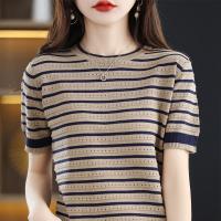 Summer Women Vintage Striped T-Shirt Korean All-match Hollow Out Fashion Short Sleeve O-Neck Loose Casual Knitted Pullover Tops