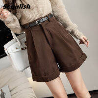 Seoulish 2021 New Corduroy Womens Cargo Shorts with Belted Autumn Winter High Waist Wide Leg Shorts Vintage Female Trousers