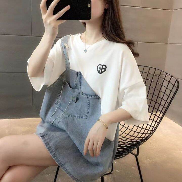 denim-stitching-fake-two-short-sleeved-inst-shirts-womens-casual-summer-new-loose-korean-style-design-sense-top