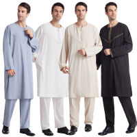 2022 new mens robes Muslim Middle East embroidered Robe top trousers set long gown Hui worship wear