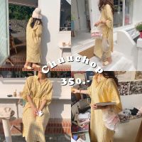 CHUUCHOP_พร้อมส่ง(C2166)???Judy mustard dress ชุดเดรสยาวลายสก็อตสีเหลือง แต่งผูกเอว