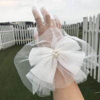 ㍿☜﹉ Short Sheer Tulle Gloves Wedding Bride Dress Gloves Bowknot White Pearl Transparent Mitten Wrist Length Bridal Gloves Women