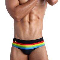 European And American New Mens Swimming Surf Briefs Rainbow Stripes Sexy Fit Mens Professional Swimming Bodybuilding Briefs Swimwear