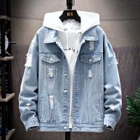 Summer Autumn Men Denim Jackets Casual Solid Lapel Single Breasted Jeans Jacket Men Regular Ripped Hole Cotton Outwear Jackets