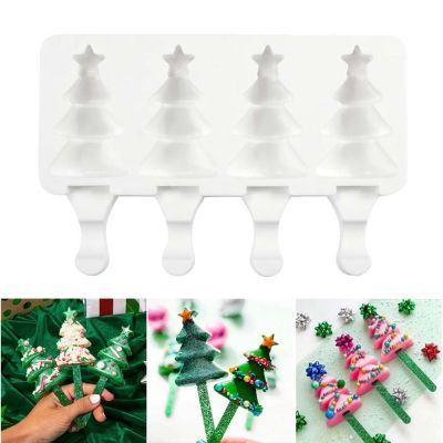 4 Cells Christmas Tree Popsicle Mold Diy Tree Shape Chocolate Mould Wooden Stick Cake Decorating Tools Kitchen Accessories