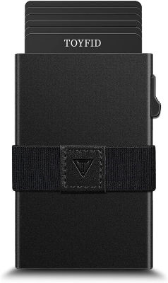 TOYFID Pop Up Minimalist Card Wallet for Men - RFID Blocking Protection&amp;Ultralight Aluminum - Silm Credit Card Holder with Cash Band, Black