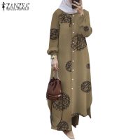 ❉✧▽ ZANZEA Women Muslim Fashion Print Long Sleeve Button Down Front Blouse Pants Sets