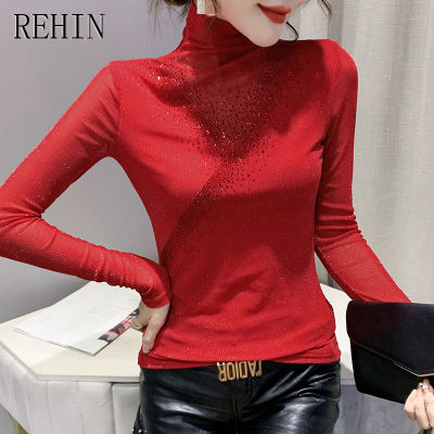REHIN เสื้อยืดแฟชั่นเข้ารูปสำหรับผู้หญิง,2023เสื้อแฟชั่นแขนยาวติดพลอยเทียมใส่ในฤดูใบไม้ร่วง