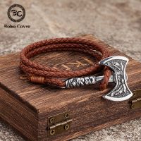 Norse Hatchet Multi-layer Leather Bracelets Men Stainless Steel Vikings Axe Wristband Raven Amulet Self-defense Handmade Jewelry