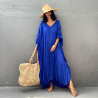 2022 Solid Blue Plus Size Long Kaftan Casual V-neck Robe Summer Maxi Dress Woman Clothing Beach Wear Swim Suit Cover Up Q1384