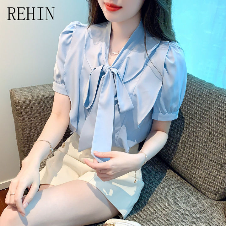 rehin-เสื้อชีฟองแขนพองแต่งโบว์สำหรับผู้หญิง-เสื้อเสื้อผู้หญิงแขนสั้นผ้าชีฟองไซส์-s-xxl-สีน้ำเงินหรูหราใหม่ฤดูร้อน