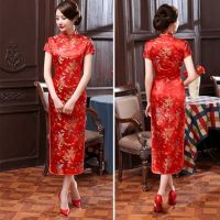 【CW】 Retro cheongsam dress modern 2021 Chinese improved cheongsam bridesmaid short sleeve evening dress side slit design dress qipao