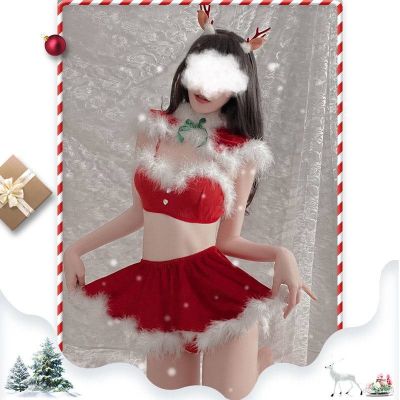 ✧✕ Women Sexy Lingerie Velvet Three-point Shawl Christmas Costume Cosplay Sweet Plush Uniform Temptation Suit S-L