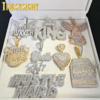 Iced Out Bling CZ Letter Hustle Hard Rich Lucky Pendant Necklace 5A Zircon Badge Fluorescence Charms Men Hip Hop Jewelry