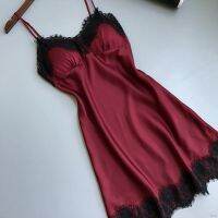 Women Silk Sleeveless Nightdress V-neck Lace Patchwork Nightgowns Sleepwear Dress