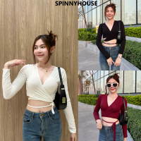 ?SpinnyHouse? เสื้อครอปผูกเอว ดีเทลน่ารัก โชว์เนินสวยแซ่บ?CROPTOPผ้าเรยอน ครอปแขนยาว ครอปไขว้อก รุ่น เส้นเล็ก