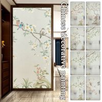 Chinese Style Privacy Window Films Chinese Ink Painting Flowers Birds Glass Film Self-adhesive Static Cling Frosted Stickers