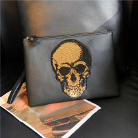 Embroidery Ghost Skull Clutch Men Fashion Street Style Mens Clutch Bag Soft PU Leather Clutches Bag Handbag With Shoulder Strap