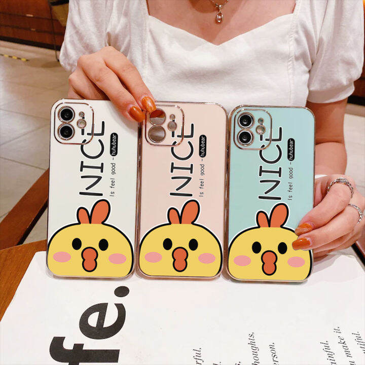 ggk-for-tecno-spark-10-spark-10c-ฟรีสายคล้องเคสลายการ์ตูนไก่ขอบสี่เหลี่ยมเคสโทรศัพท์ชุบหรูหราเคสโทรศัพท์นิ่ม