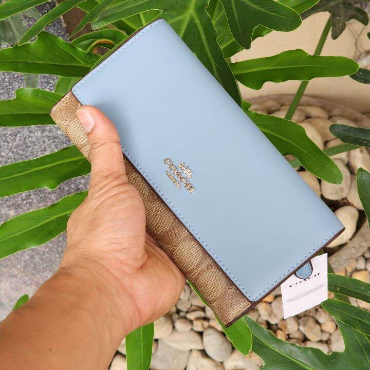 Original Coach Trifold Slim Wallet In Signature Canvas C5966 In Khaki