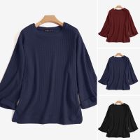 ZANZEA Women Retro O Neck Full Sleeve Casual Split Hem Loose Blouse