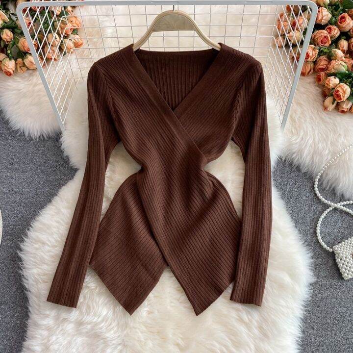 korean-style-women-ladies-autumn-winter-slim-knitted-knitwear-knit-v-neck-tops-long-sleeve-shirt-blouse-baju-baju-wanita-lengan-panjang