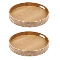 2X Round Serving Bamboo Wooden Tray for Dinner Trays Tea Bar Breakfast Food Container Handle Storage Tray 3